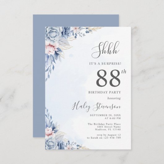 水彩ダスティブルーサプライズ88thバースデーパーティー 招待状 (正面/裏面)