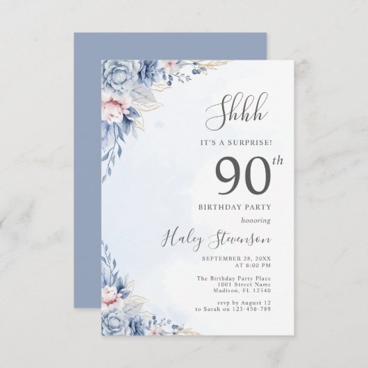 水彩ダスティブルーサプライズ90thバースデーパーティー 招待状 (正面/裏面)