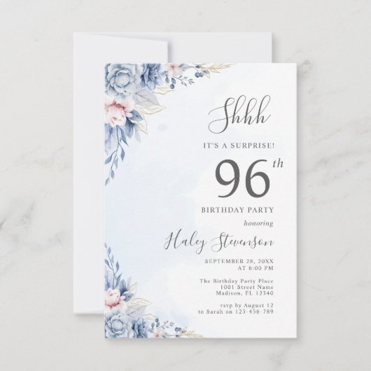 水彩ダスティブルーサプライズ96thバースデーパーティー 招待状 (正面)