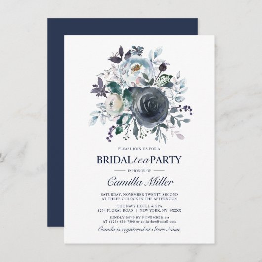 水彩ダスティブルーネイビーフローラブライダルティーパーティー 招待状 (正面/裏面)