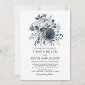 水彩ダスティブルーネイビー結婚フローラ 招待状 (正面)