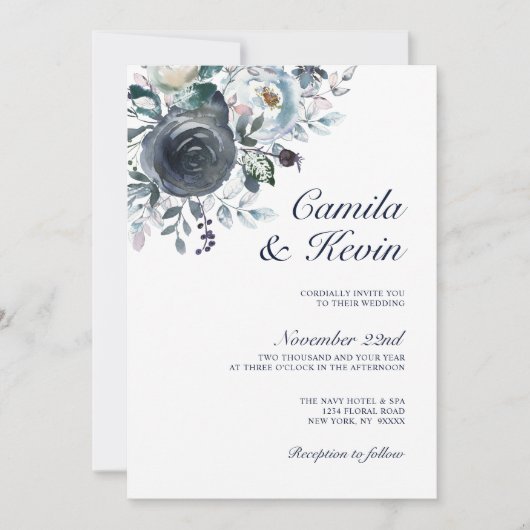 水彩ダスティブルーネイビー結婚フローラ 招待状 (正面)
