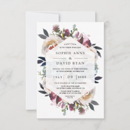水彩ダスティブルーピンクフローラブーケ結婚ス 招待状