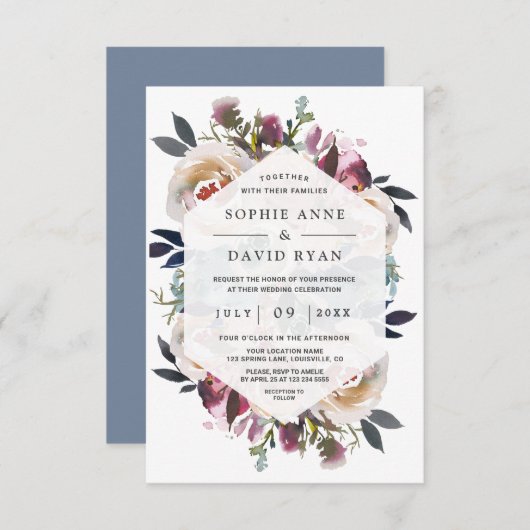 水彩ダスティブルーピンクフローラブーケ結婚ス 招待状 (正面/裏面)
