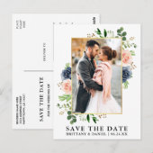 水彩ダスティブルーピンクローズセーブザデート ポストカード (正面/裏面)