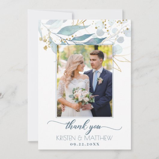 水彩ダスティブルーフローラエレガントフォト結婚ズ サンキューカード (正面)