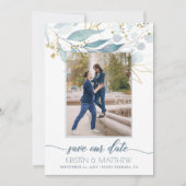 水彩ダスティブルーフローラエレガントフォト結婚ズ セーブザデート (正面)