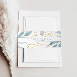 水彩ダスティブルーフローラエレガント金ゴールド結婚 招待状ベリーバンド