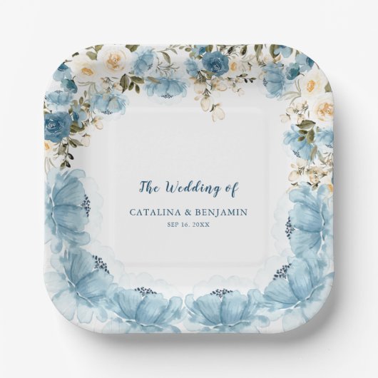 水彩ダスティブルーフローラ結婚の紙プレート ペーパープレート (正面)
