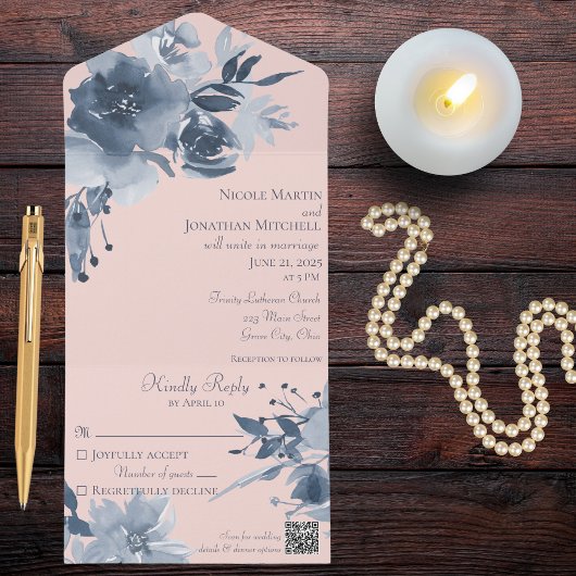 水彩ダスティブルーフローラ赤面とQRコード オールインワン招待状