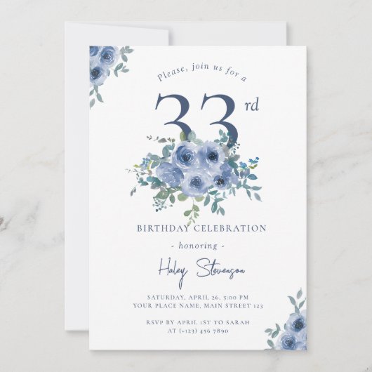 水彩ダスティブルーフローラ33rdシック誕生日 招待状 (正面)