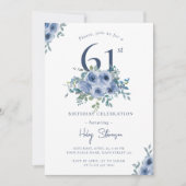 水彩ダスティブルーフローラ61stシック誕生日 招待状 (正面)