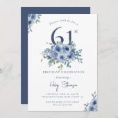 水彩ダスティブルーフローラ61stシック誕生日 招待状 (正面/裏面)