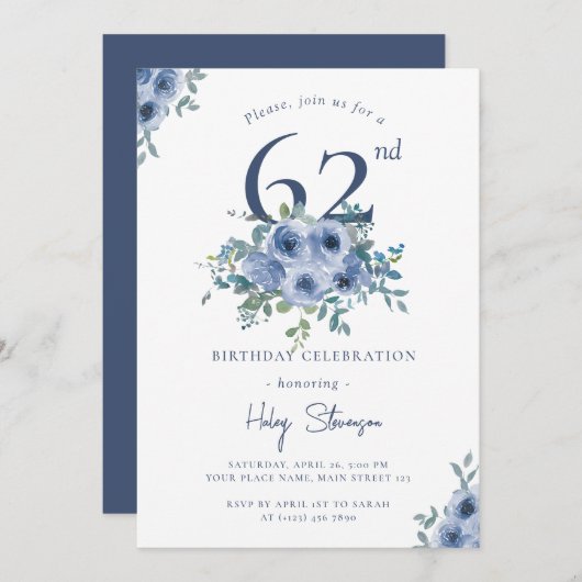 水彩ダスティブルーフローラ62ndシック誕生日 招待状 (正面/裏面)