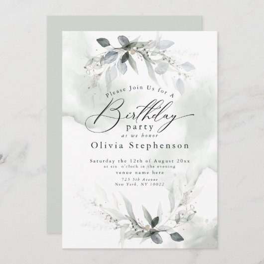 水彩ダスティブルーポピー誕生日招待状 招待状 (正面/裏面)