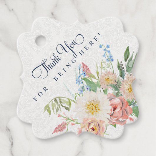 水彩ダスティブルーn赤面ピンクフローラブライダル フェイバータグ (正面)