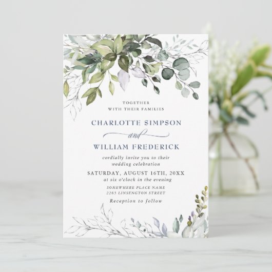 水彩ダスティーブルーイucalyptusグリーンウェディング 招待状 (スタンド正面)