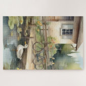 水彩ダックスカントリーガーデンポンドシーン2 ジグソーパズル (横)