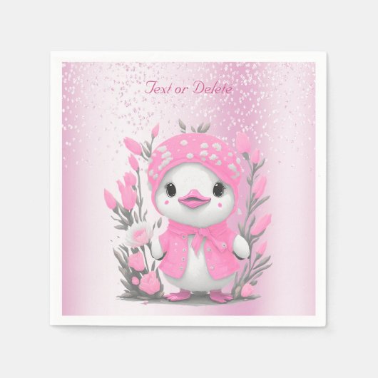 水彩ダックピンクの花ナプキンス スタンダードカクテルナプキン (正面)