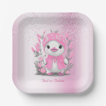 水彩ダックピンクの花紙プレート