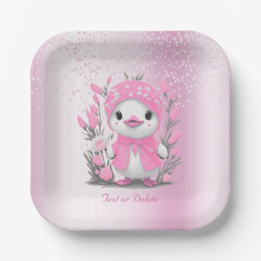 水彩ダックピンクの花紙プレート ペーパープレート (正面)