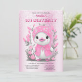 水彩ダックピンクの花1st誕生日 招待状 (スタンド正面)