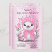 水彩ダックピンクの花1st誕生日 招待状 (正面/裏面)