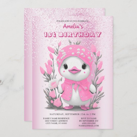 水彩ダックピンクの花1st誕生日 招待状 (正面/裏面)