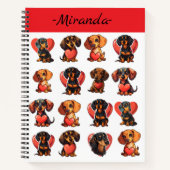 水彩ダッシュンドバレンタインデー赤いハート ノートブック (正面)