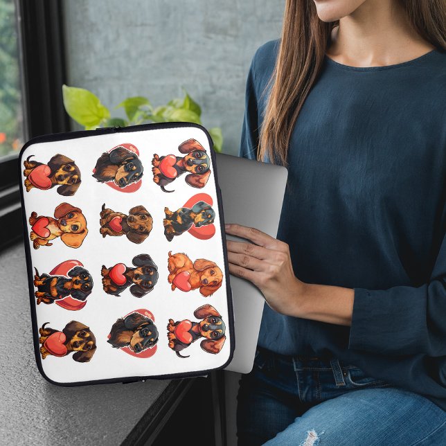 水彩ダッシュンドバレンタインデー赤いハート ラップトップスリーブ (Watercolor Dachshund Valentine with Red Heart Laptop Sleeve)