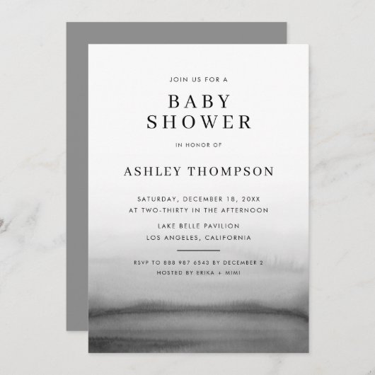 水彩ダークグラデーショングレイモダン赤ちゃんシャワー 招待状 (正面/裏面)