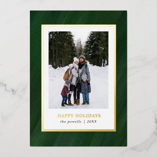 水彩ダークグリーンフレームフォトクリスマス 箔シーズンカード (正面)