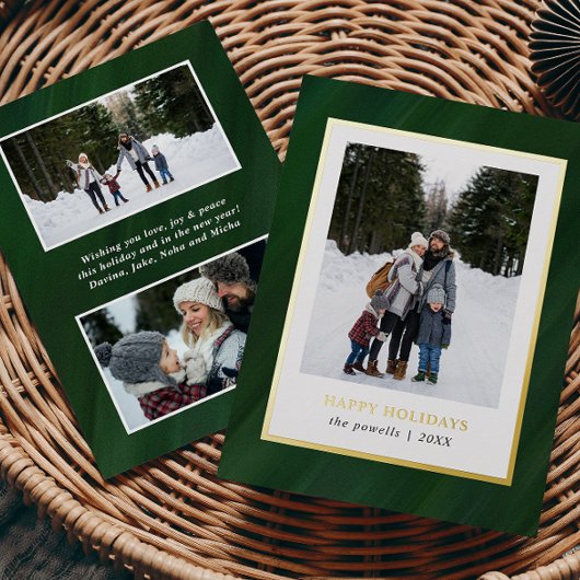 水彩ダークグリーンフレーム3写真クリスマス 箔シーズンカード