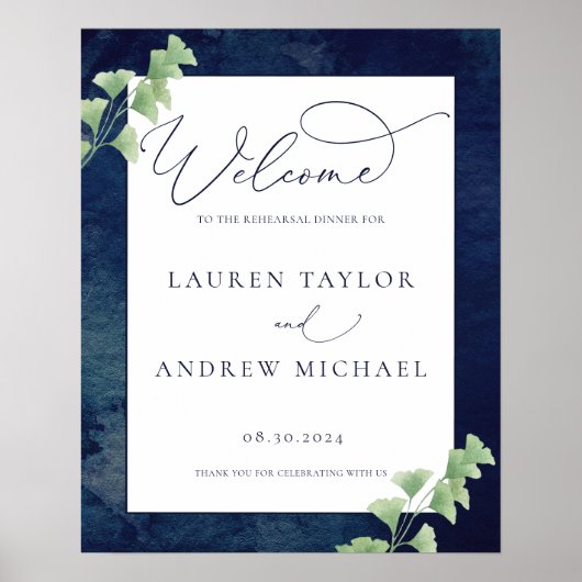 水彩ダークブルーグリーン彩りリハーサルディナー ポスター (正面)