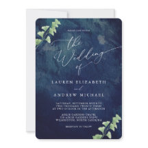 水彩ダークブルーグリーン結婚式招待状