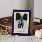 水彩ダークブルーフレーム3写真クリスマス 箔シーズンカード