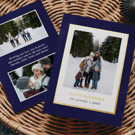 水彩ダークブルーフレーム3写真クリスマス 箔シーズンカード