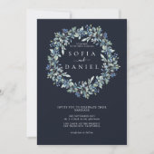 水彩ダークブルー冬のフローラ写真結婚の 招待状 (正面)