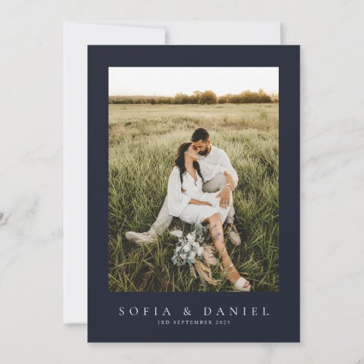 水彩ダークブルー冬のフローラ写真結婚の 招待状 (裏面)