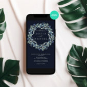 水彩ダークブルー冬のフローラ写真結婚の 招待状