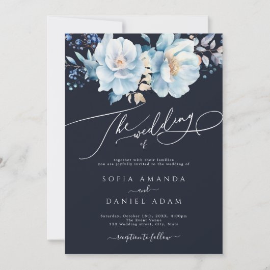 水彩ダークブルー冬のフローラ結婚ズ 招待状 (正面)