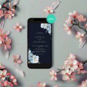 水彩ダークブルー冬の花フレーム結婚式 招待状