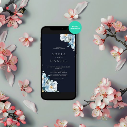 水彩ダークブルー冬の花フレーム結婚式 招待状