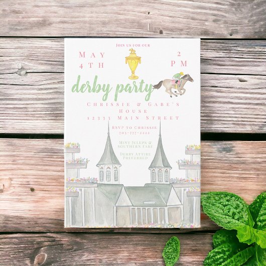 水彩ダービーパーティージョッキー建物金ゴールドトロフィー 招待状