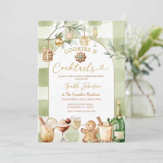 水彩チェックのカクテルとコーヒー冬のクリスマス 招待状 (スタンド正面)