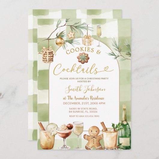 水彩チェックのカクテルとコーヒー冬のクリスマス 招待状 (正面/裏面)