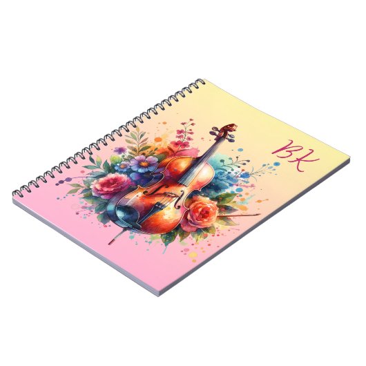 水彩チェロと花のパーソナライズ ノートブック (左側)