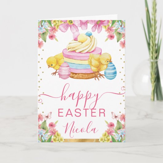 水彩チクスケーキ春ハッピーイースター カード (正面)