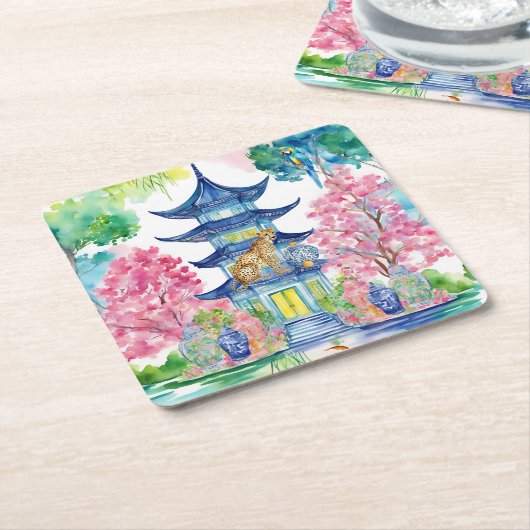 水彩チノワセリーパゴダチーズ生姜ジャー スクエアペーパーコースター (アングル)