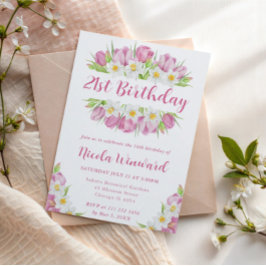 水彩チューリップとダフォジルスフレーム誕生日 招待状